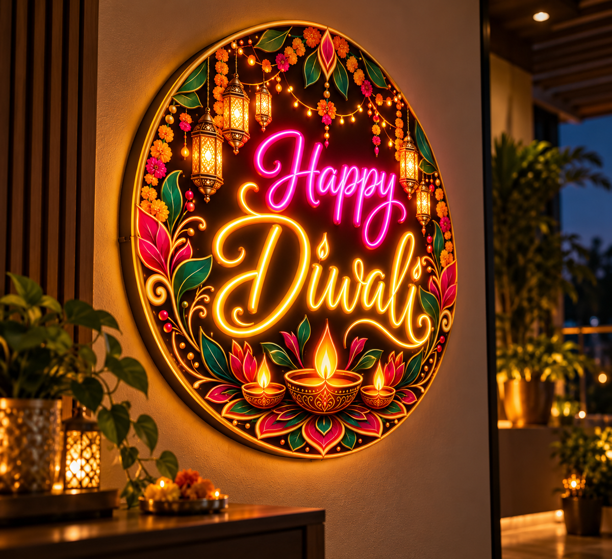 Glowing round Happy Diwali neon sign mounted on a living room wall