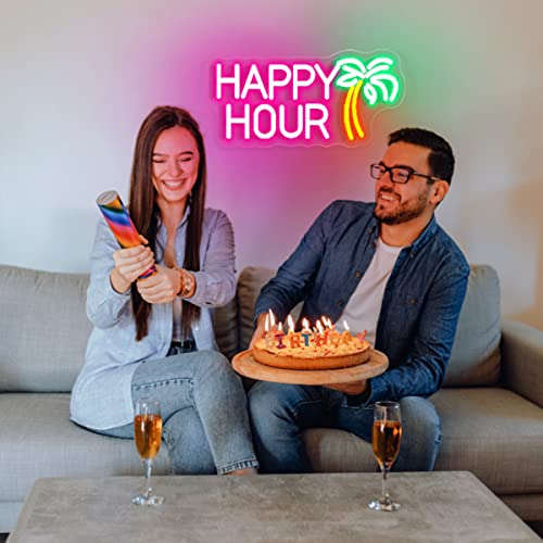 Happy Hour Neon Signs Coconut Palm Tree Pink Neon Bar Light Sign  (15.7x7.9") Neonsignsindia