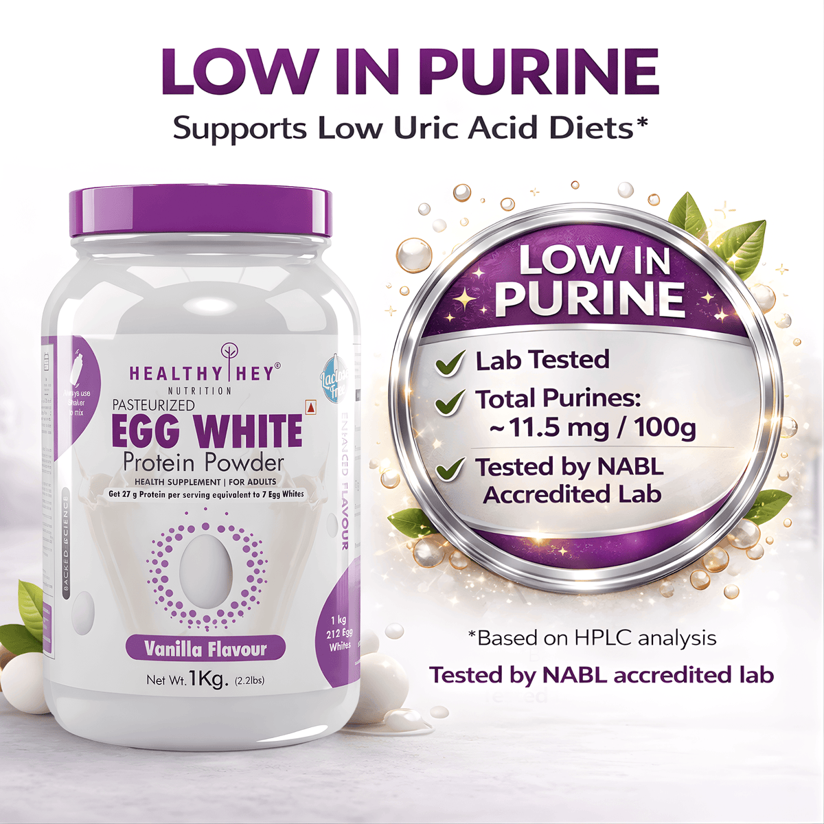 100% Egg White Protein Low in Purine - Instant Mix - 80% Protein - Non GMO & Lactose Free