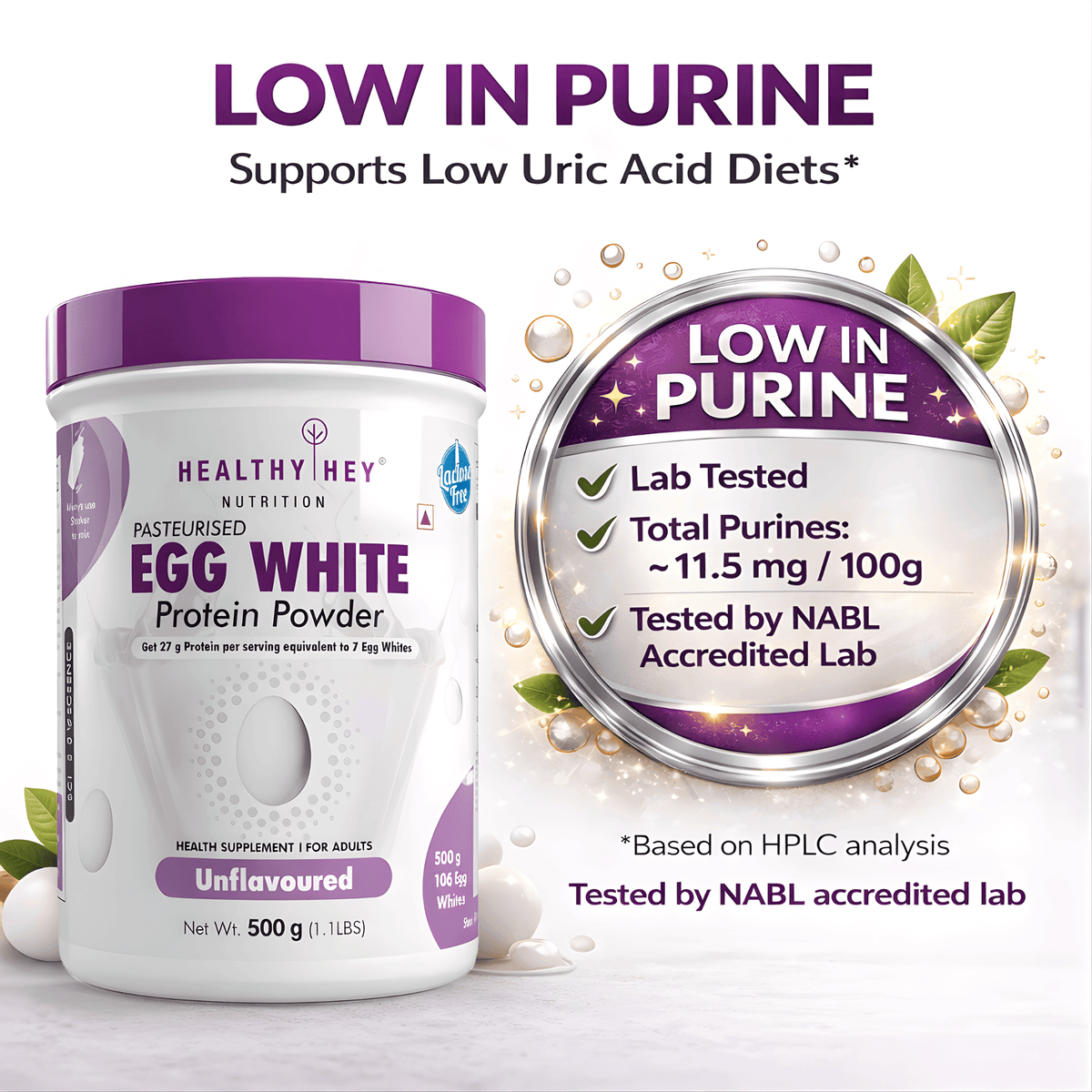 100% Egg White Protein Low in Purine - Instant Mix - 80% Protein - Non GMO & Lactose Free