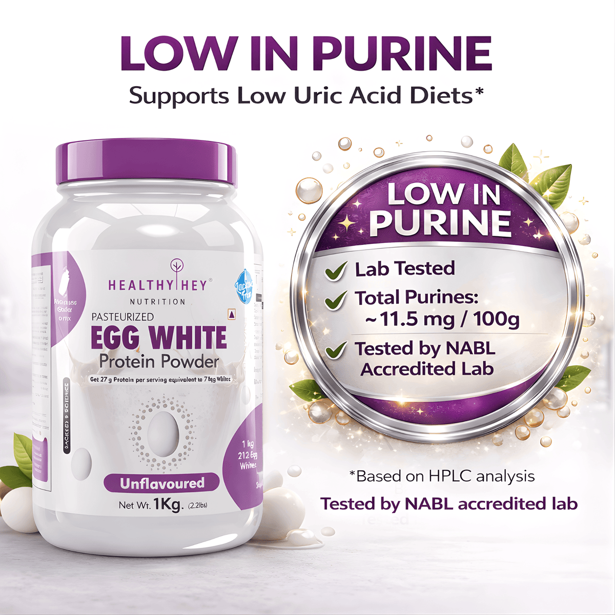 100% Egg White Protein Low in Purine - Instant Mix - 80% Protein - Non GMO & Lactose Free