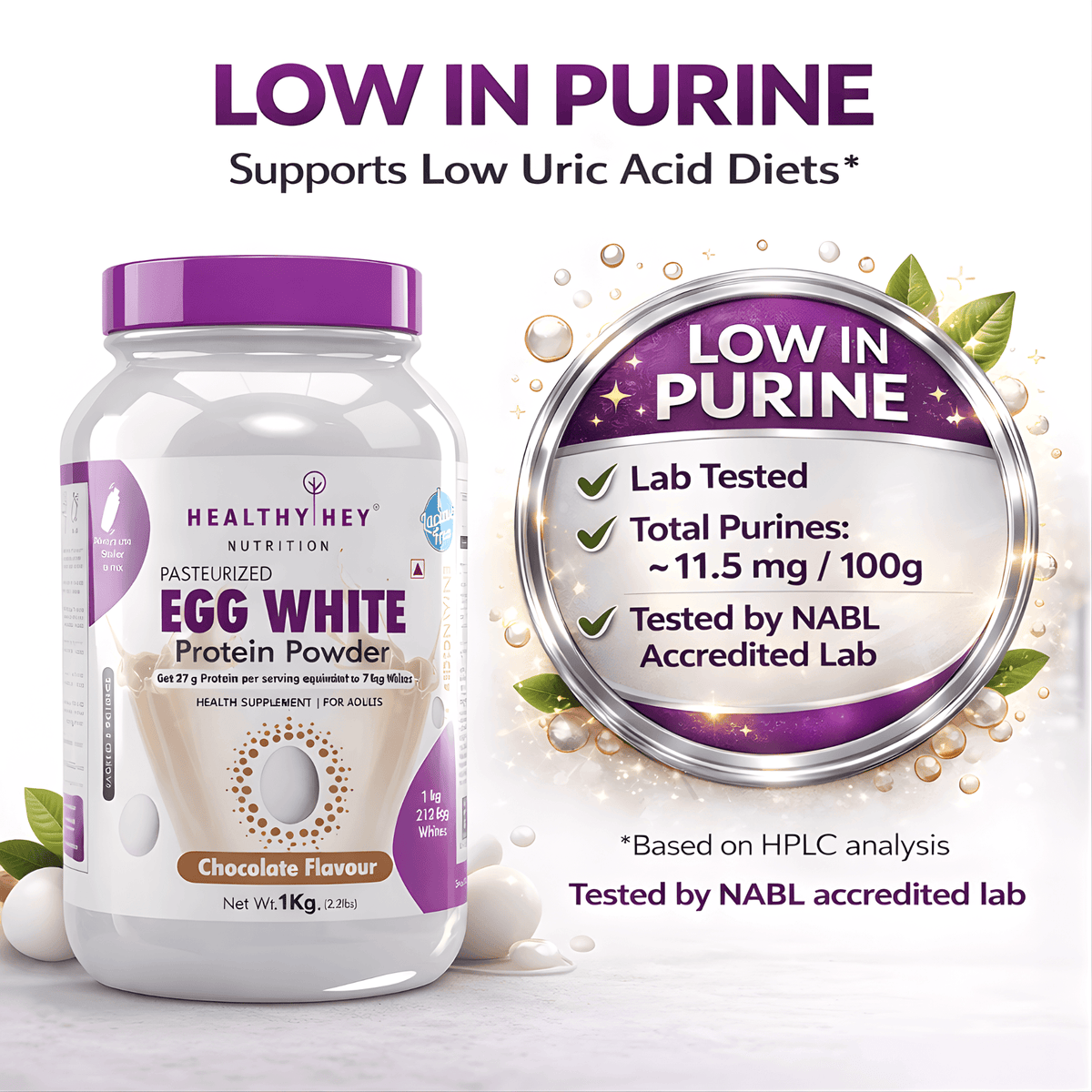 100% Egg White Protein Low in Purine - Instant Mix - 80% Protein - Non GMO & Lactose Free
