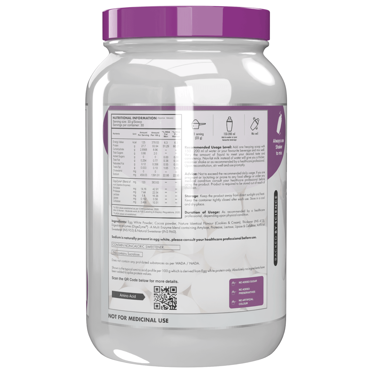 100% Egg White Protein Low in Purine - Instant Mix - 80% Protein - Non GMO & Lactose Free
