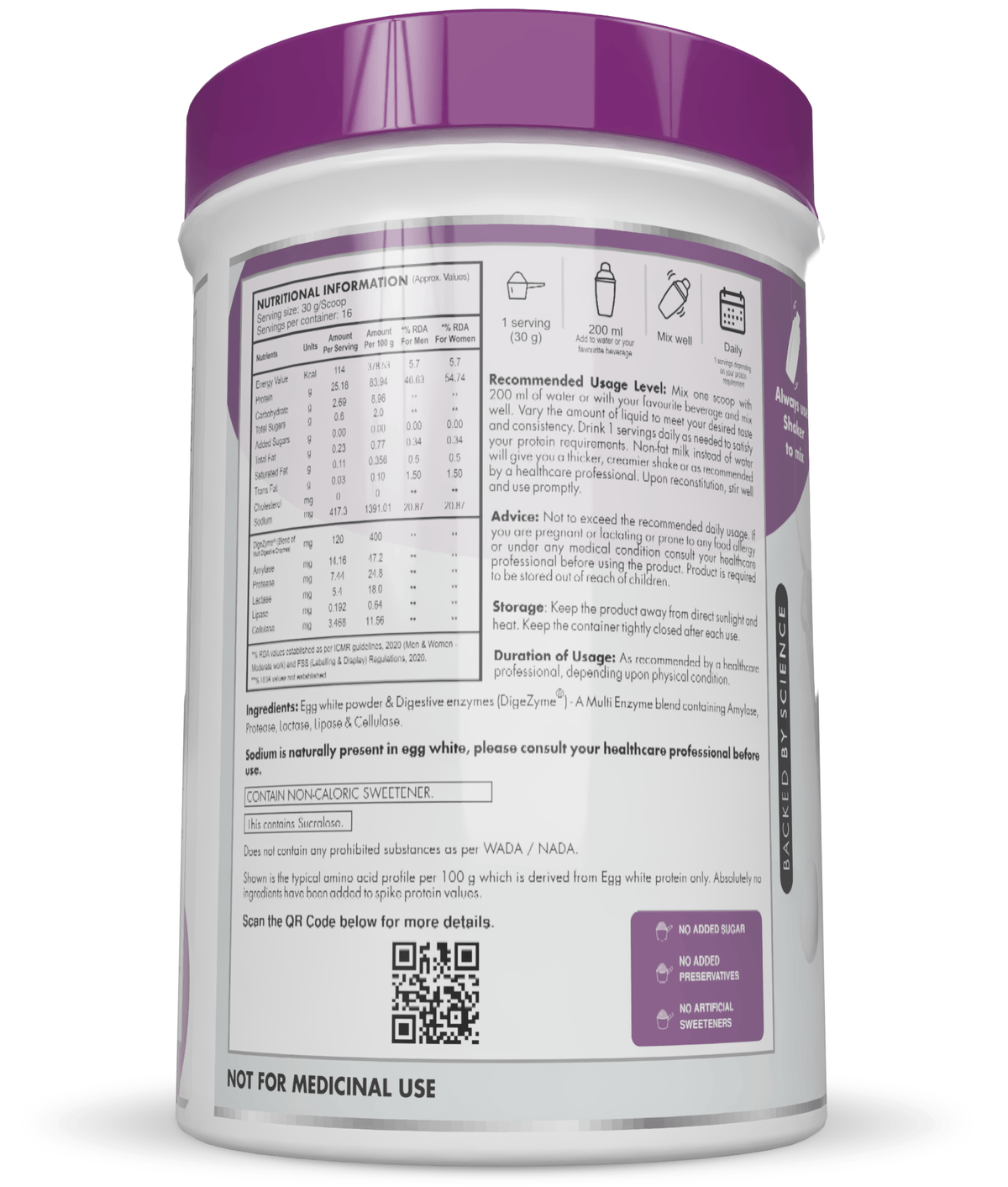 100% Egg White Protein Low in Purine - Instant Mix - 80% Protein - Non GMO & Lactose Free