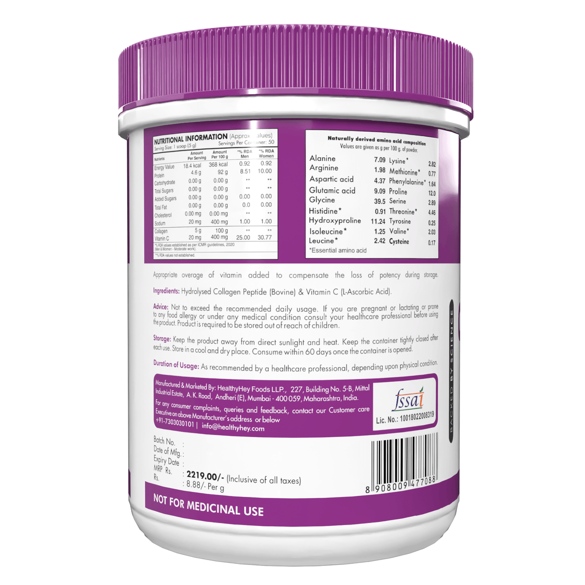 Pure Collagen Powder | Collagen Supplement for Glowing Skin | Pure Hydrolysed Collagen Powder for Women and Men | Unflavoured-250 gm