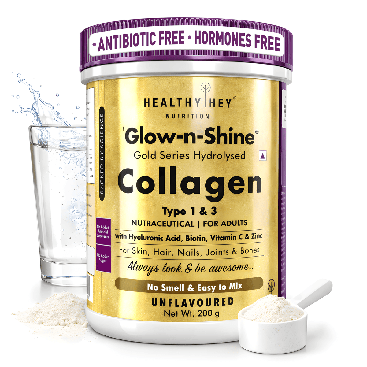 Skin Glow-n-Shine Collagen Powder 200g | Hydrolysed Collagen for Women and Men with Hyaluronic Acid, Biotin and Vitamin C for Healthy Skin, Hair and Nails
