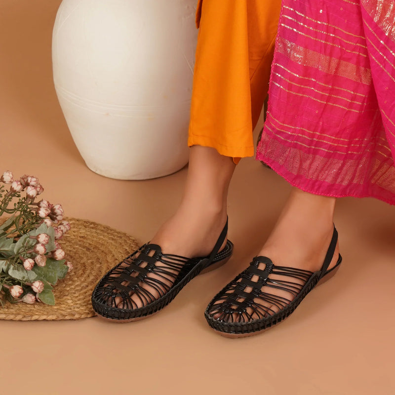 Black Handcrafted Flat Sandal Clogs-1