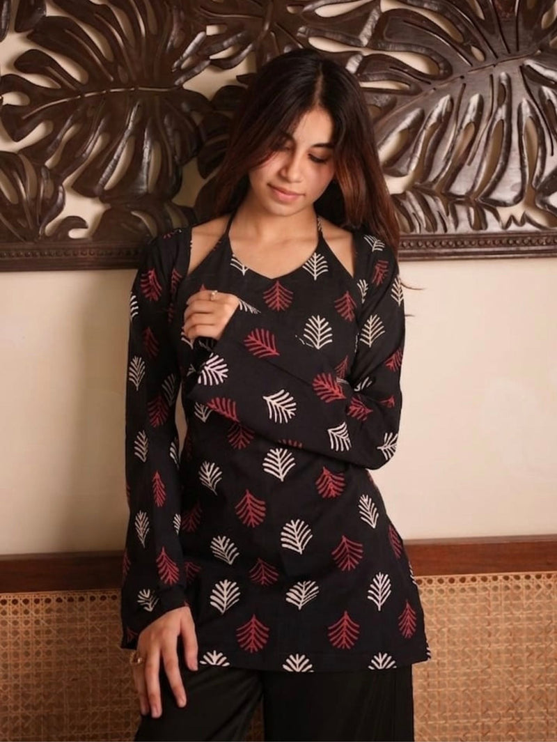 Moonlight Black Cotton Short Kurti with Handblock Print