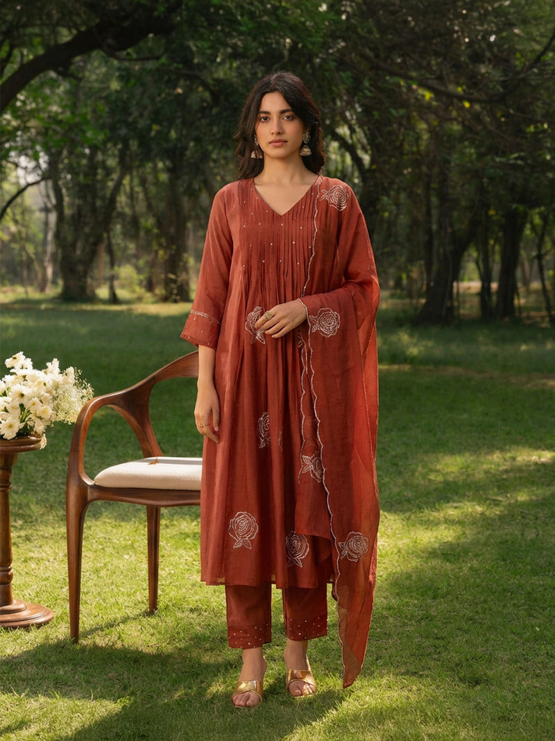 Advika Maroon Mul Chanderi Suit Set