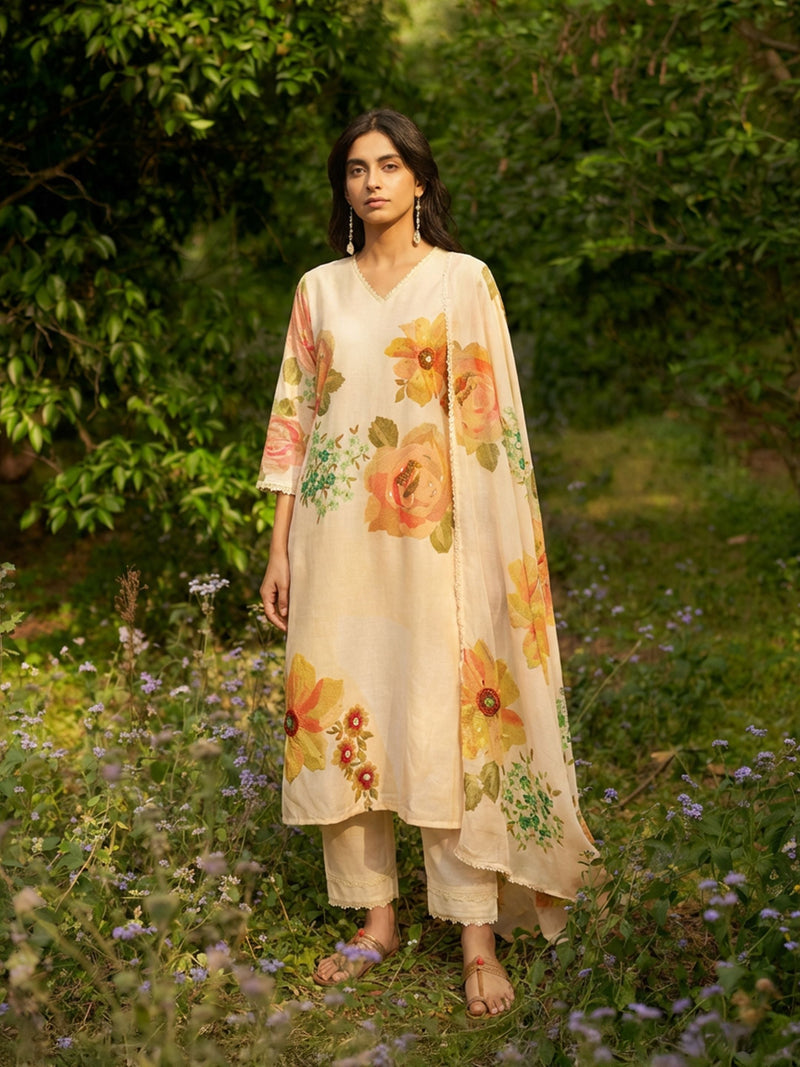 Ananya Beige Linen Printed Set