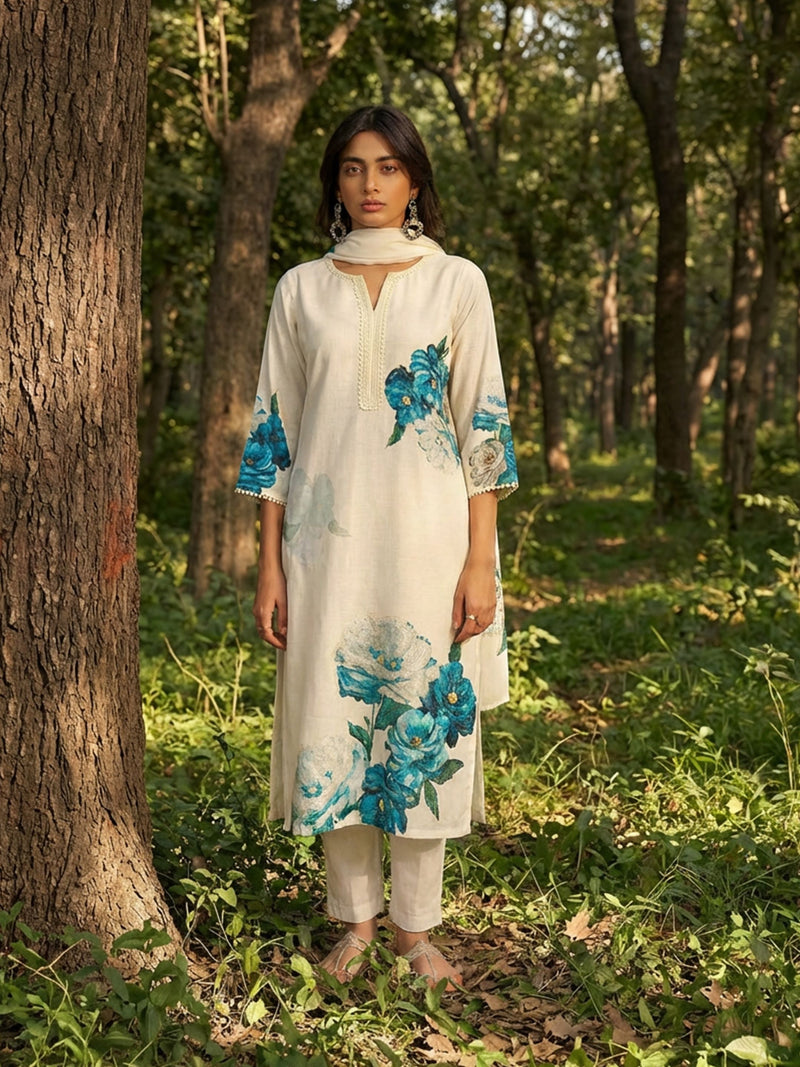 Siya White Linen Printed Set