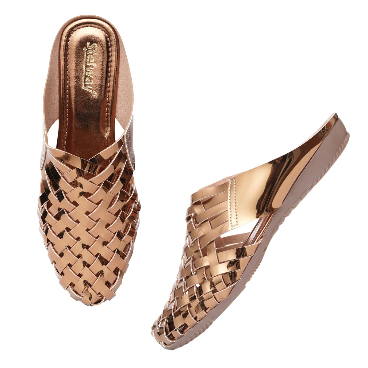 Shiny Copper Criss-cross Chromium Mules-5
