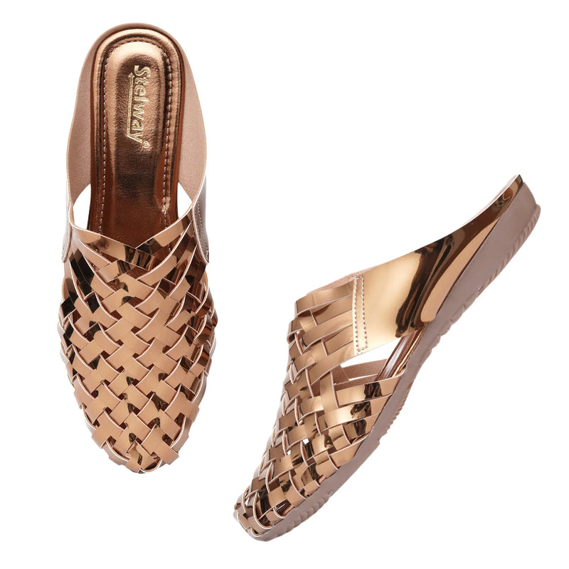 Shiny Copper Criss-cross Chromium Mules-5