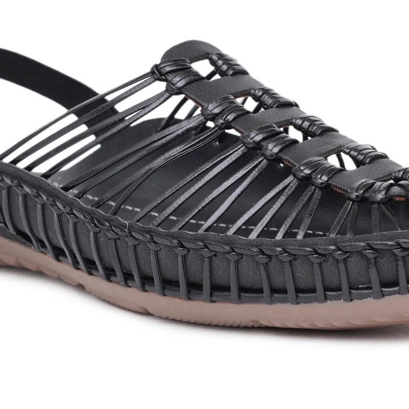 Black Handcrafted Flat Sandal Clogs-7