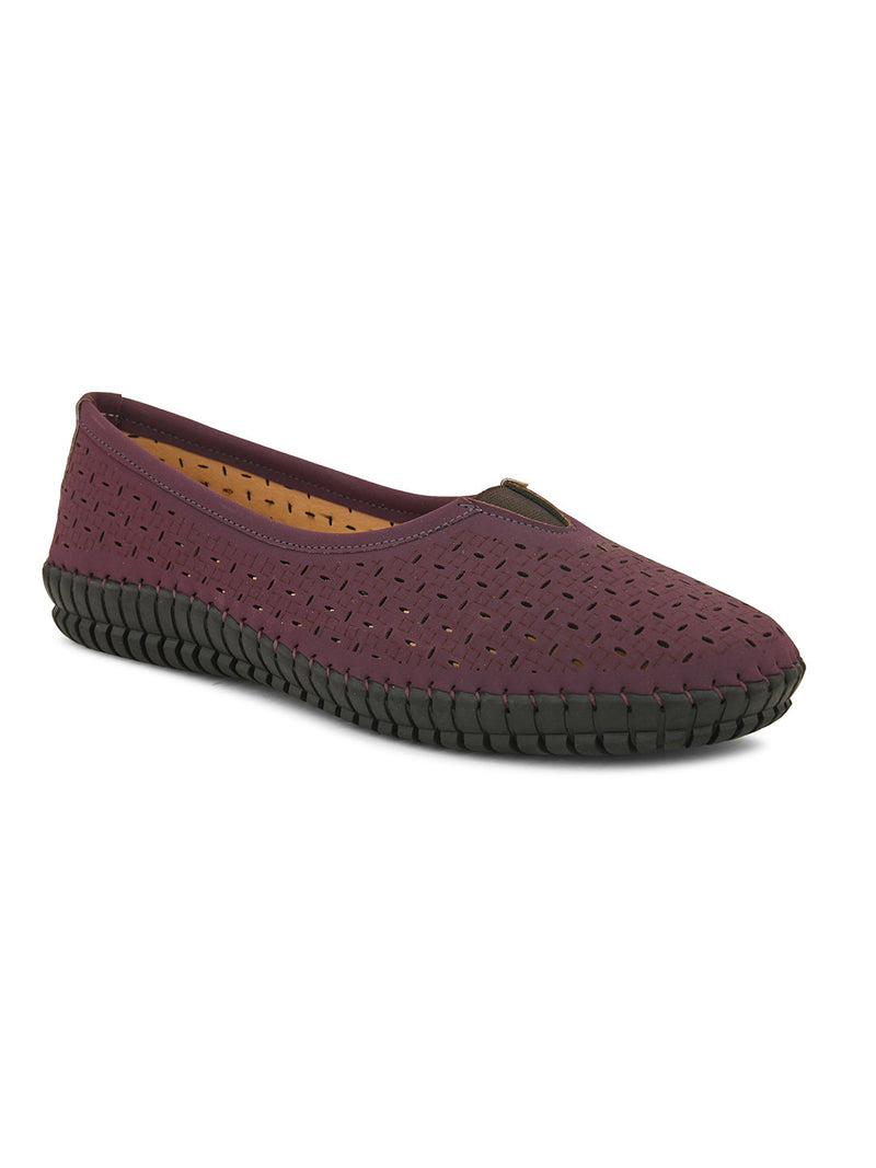 A comfortable maroon slip-on shoe with a perforated design for breathability, featuring a black flexible sole and elastic detailing on the upper for a secure fit.