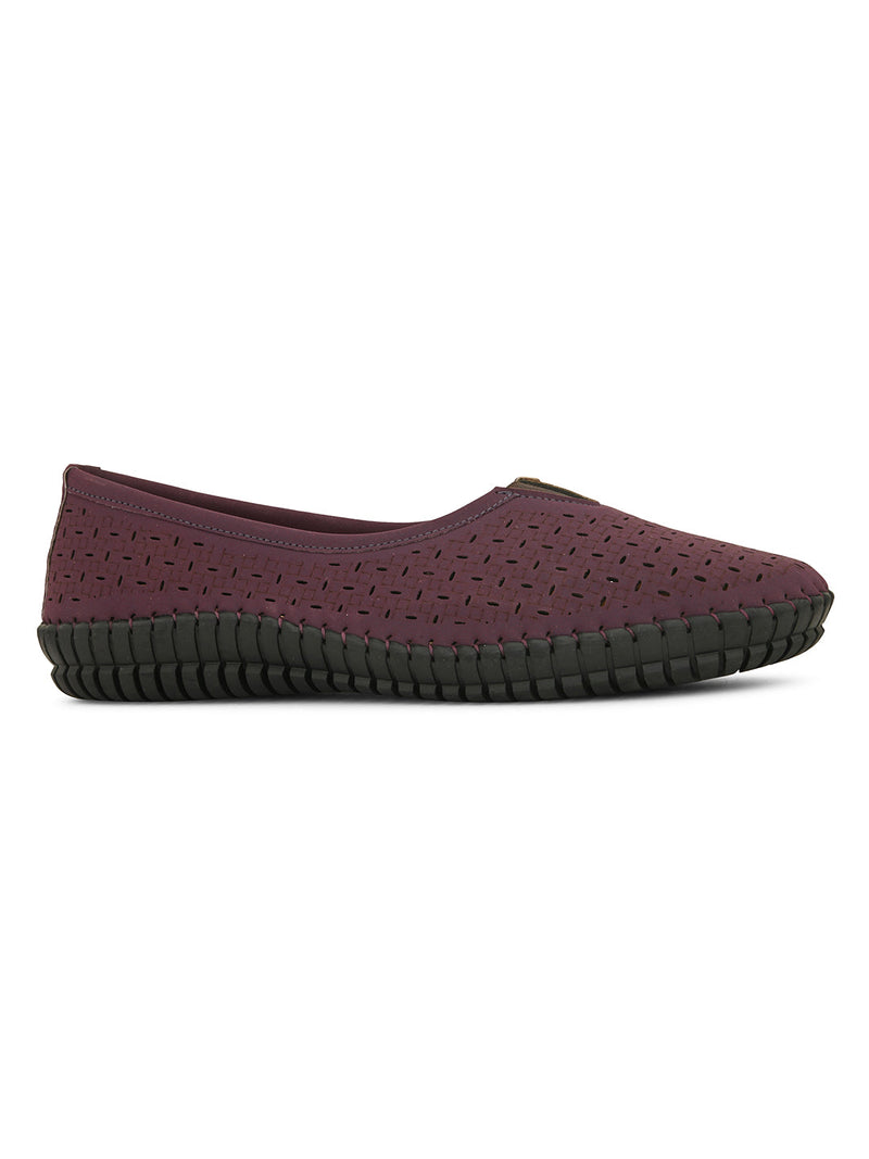 A comfortable maroon slip-on shoe with a perforated design for breathability, featuring a black flexible sole and elastic detailing on the upper for a secure fit.