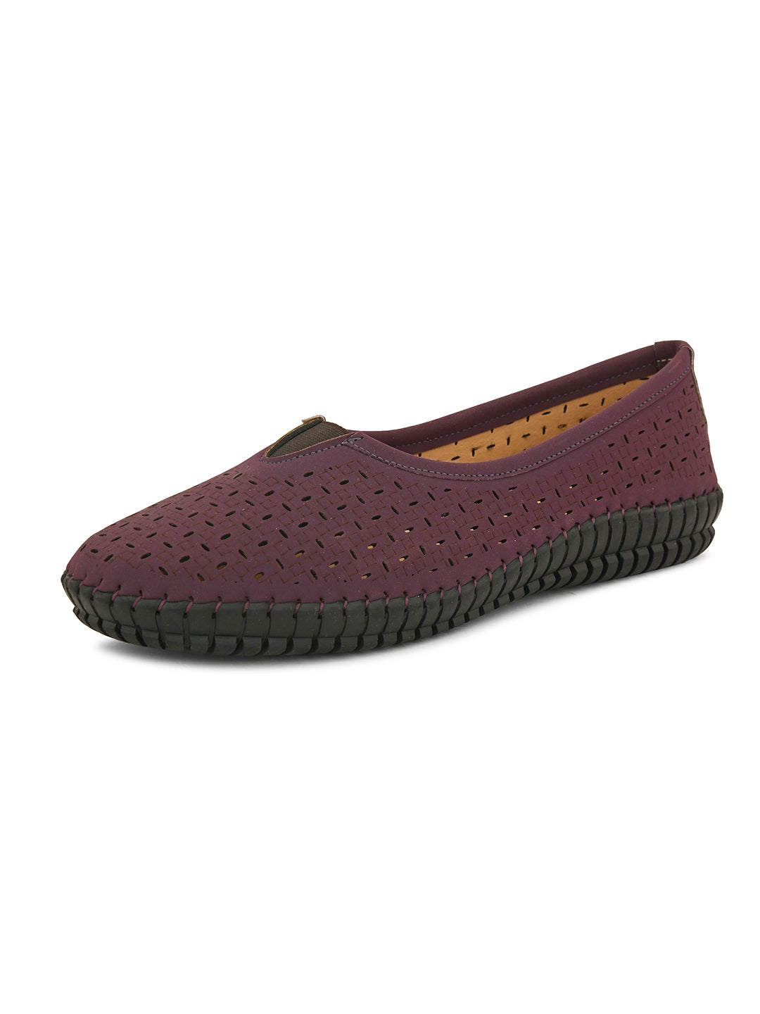 A comfortable maroon slip-on shoe with a perforated design for breathability, featuring a black flexible sole and elastic detailing on the upper for a secure fit.