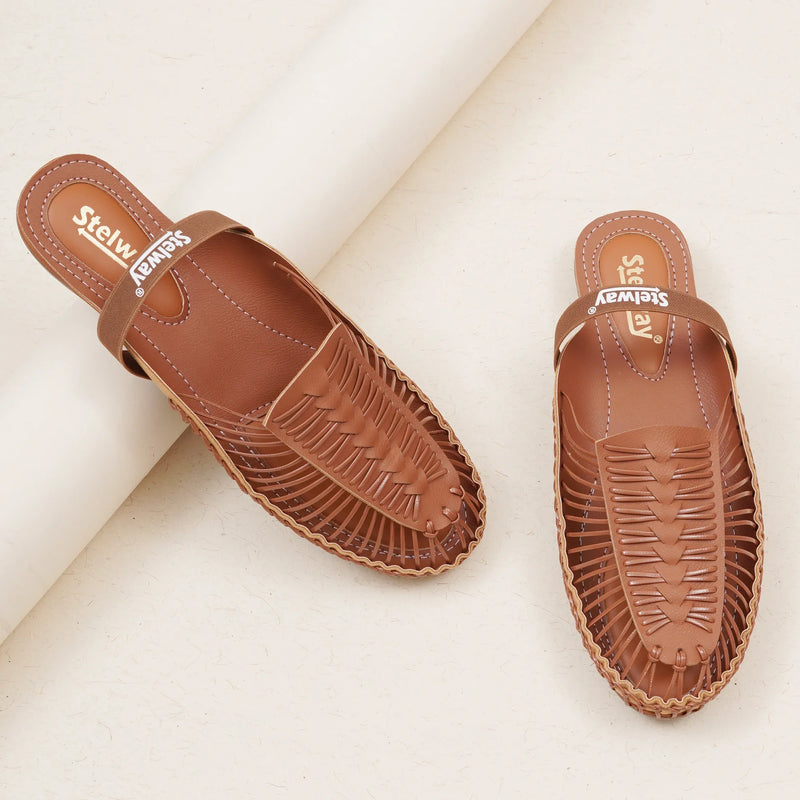 Tan Handcrafted Flat Sandal Clogs-4