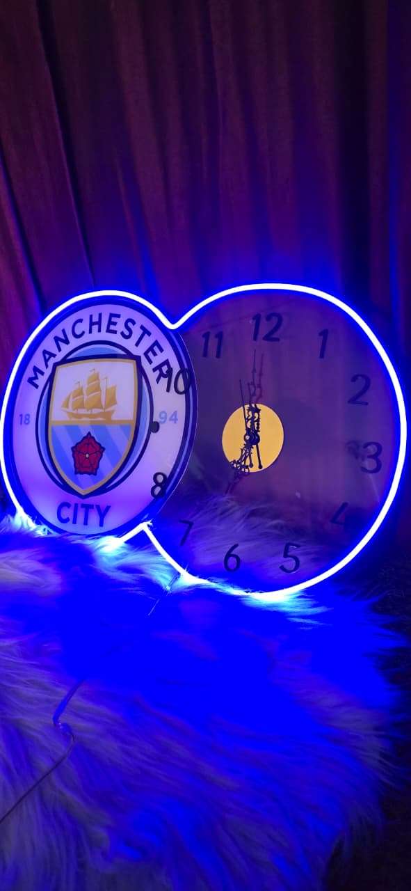 Manchester City Neon LED Wall Clock – Sky Blue Fan Glow Decor (14*24 inch) | Neon Signs India — Image 1