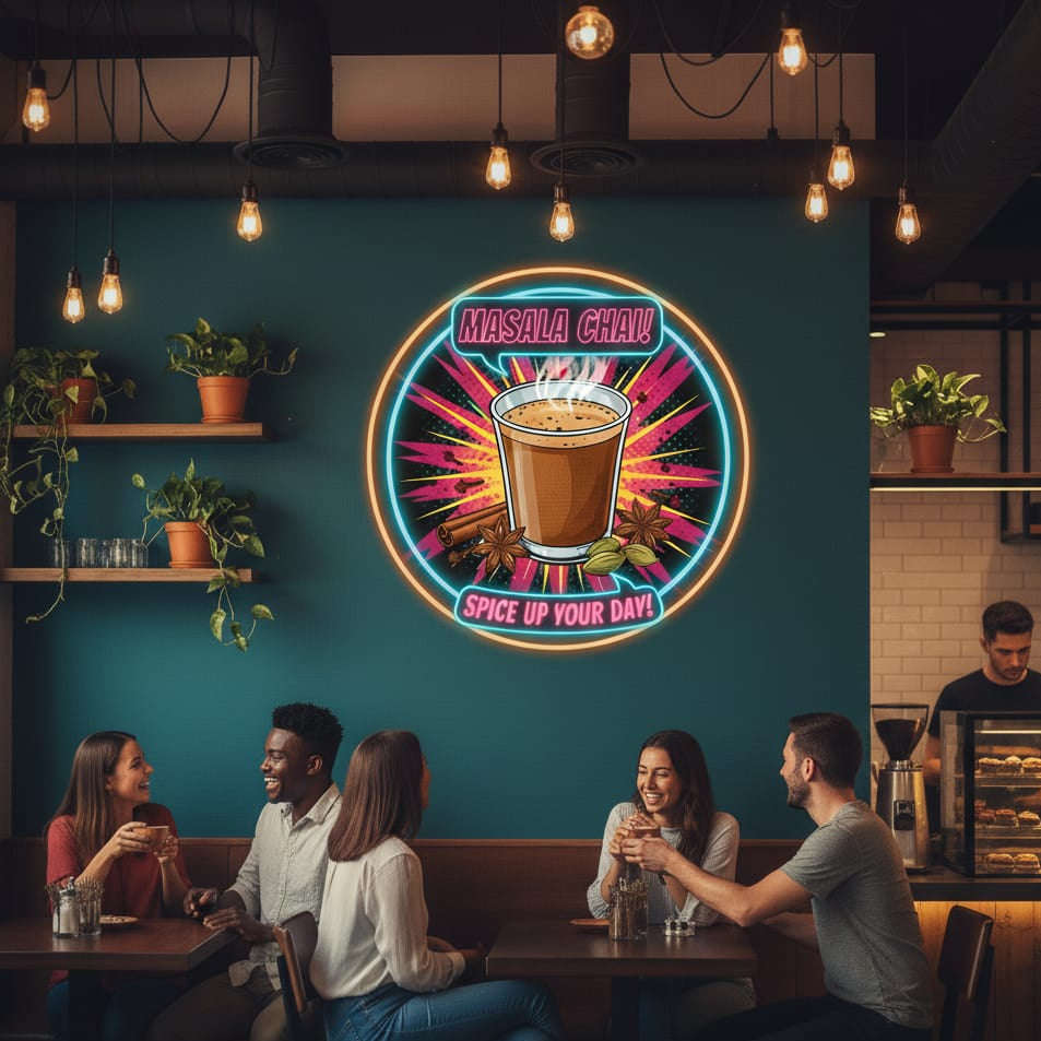 Neon-style advertisement for Masala Chai with a cup of tea, spices, and text on a black background.