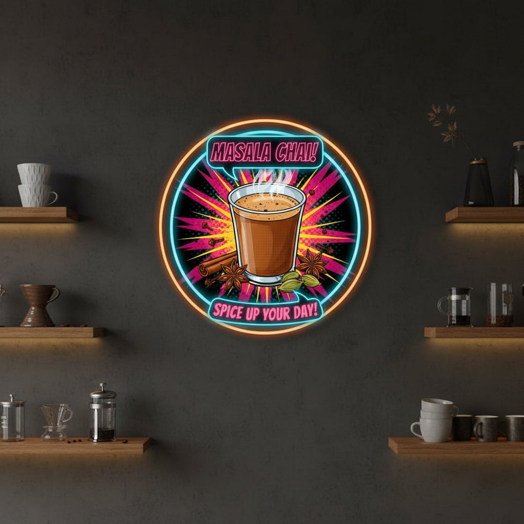Neon-style advertisement for Masala Chai with a cup of tea, spices, and text on a black background.