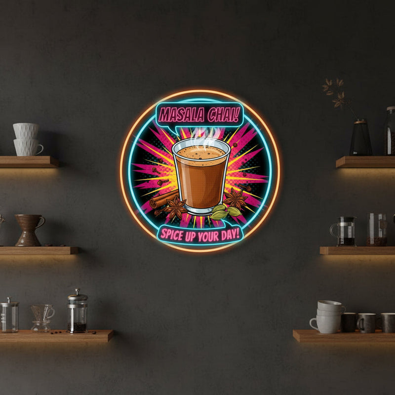 Neon-style advertisement for Masala Chai with a cup of tea, spices, and text on a black background.