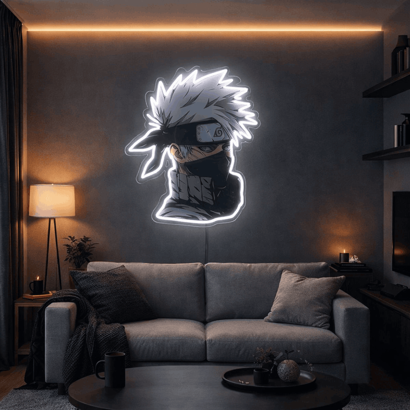 Masked Anime Warrior Neon Wall Art – White LED Plexiglass Neon Sign Game Room | Neon Signs India — Image 1