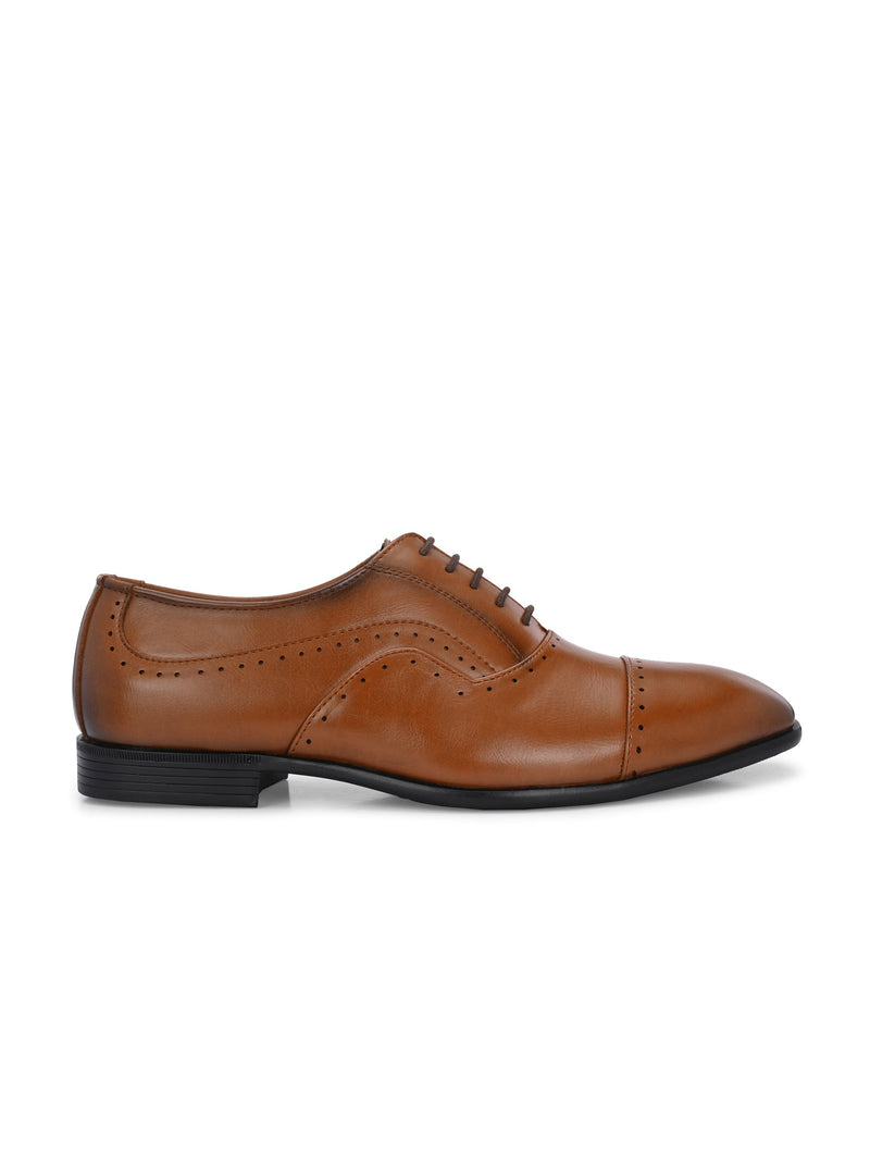  A brown leather dress shoe with a lace-up design, featuring decorative perforations along the toe cap and sides, and a low black heel.