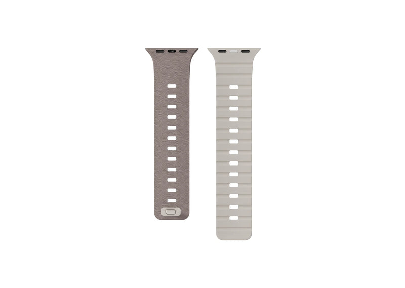 Misty Grey & Starlight Apple Watch strap components showing the textured outer band and Starlight inner band