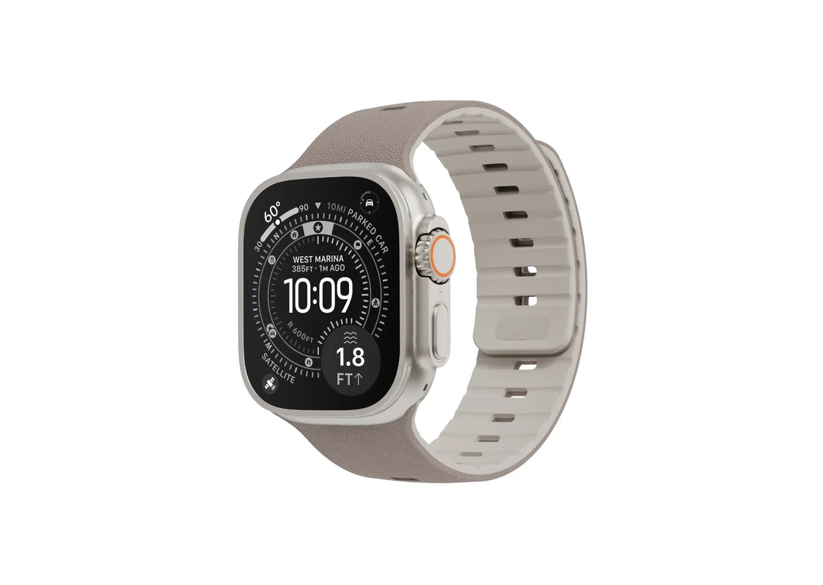 Misty Grey & Starlight Apple Watch strap fitted on Apple Watch Ultra shown from the front