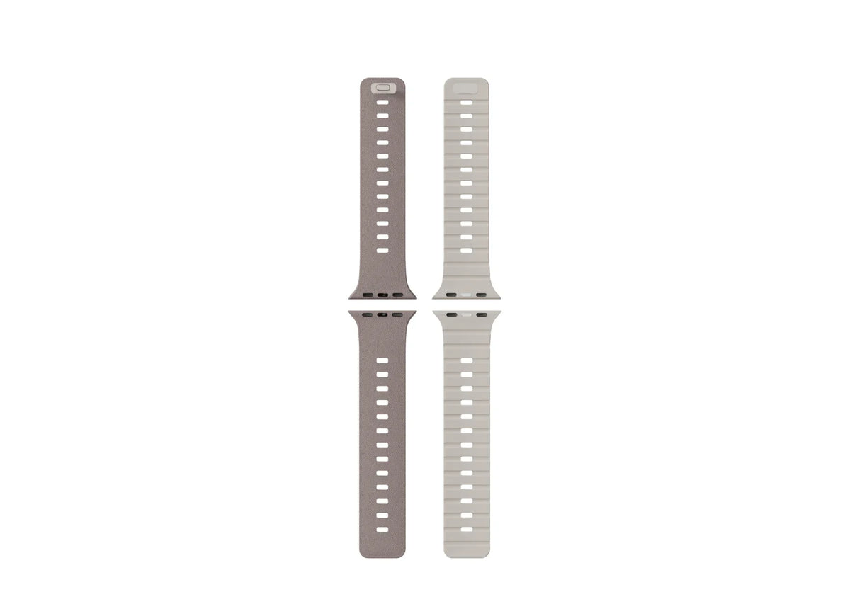Misty Grey & Starlight Apple Watch strap showing the magnetic closure, adjustment holes and Starlight inner surface