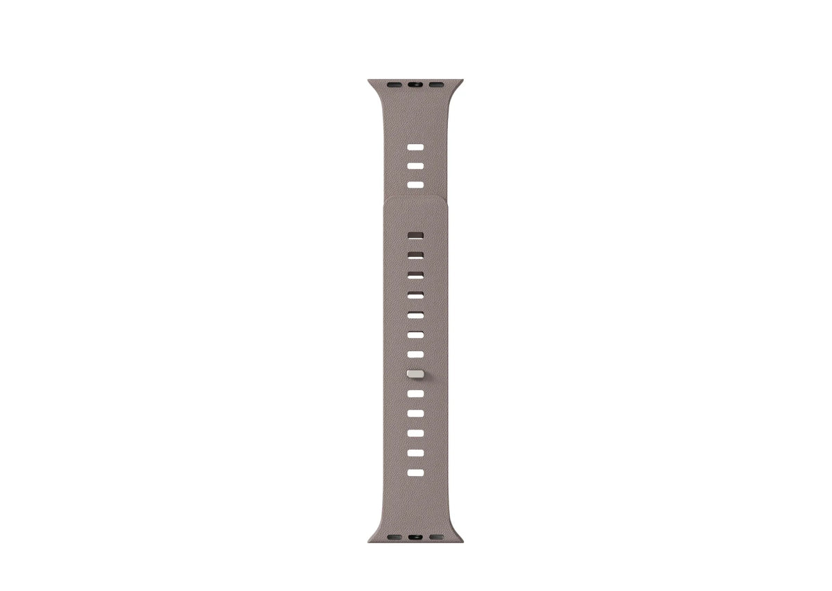 Misty Grey & Starlight Apple Watch strap shown as separate band pieces with textured silicone construction