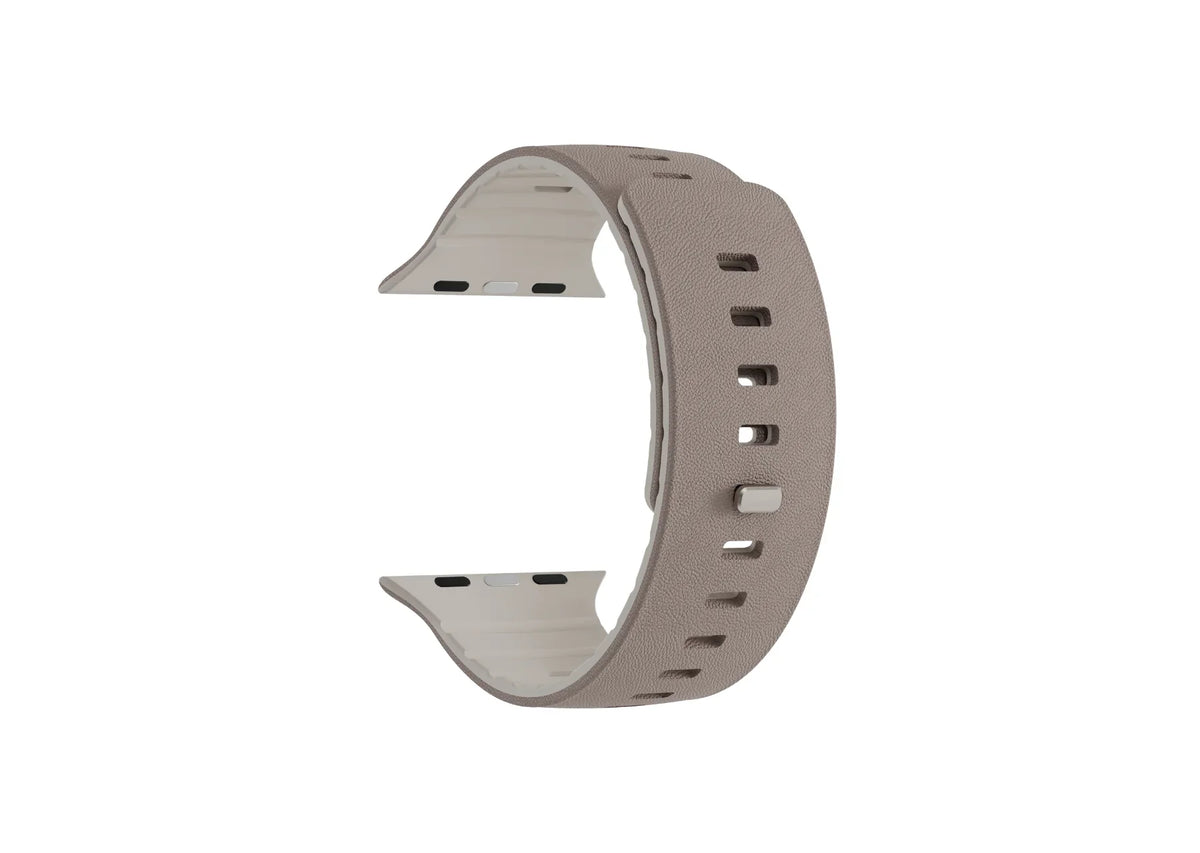 Misty Grey & Starlight magnetic Apple Watch strap showing the textured outer surface and Starlight inner lining