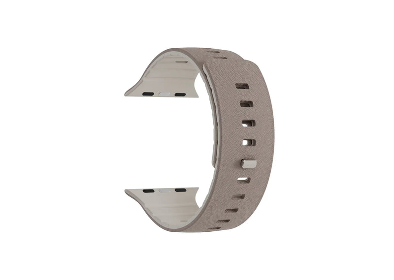 Misty Grey & Starlight magnetic Apple Watch strap showing the textured outer surface and Starlight inner lining