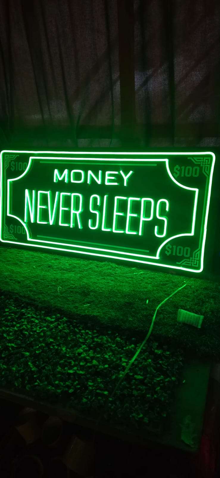 ? Money Never Sleeps Neon Sign – Green Hustle LED Wall Art (36*18 INCH) | Neon Signs India — Image 4