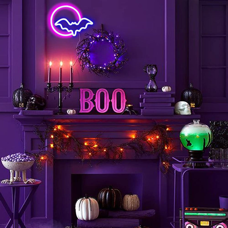 Neon Signs, Moon and Bat LED Neon Lights, Neon Light Sign for Wall Led Neon Sign for wall decor, bedroom, Kids Gift, Living Room, Bar, Party, Christmas, Wedding, Halloween Neonsignsindia