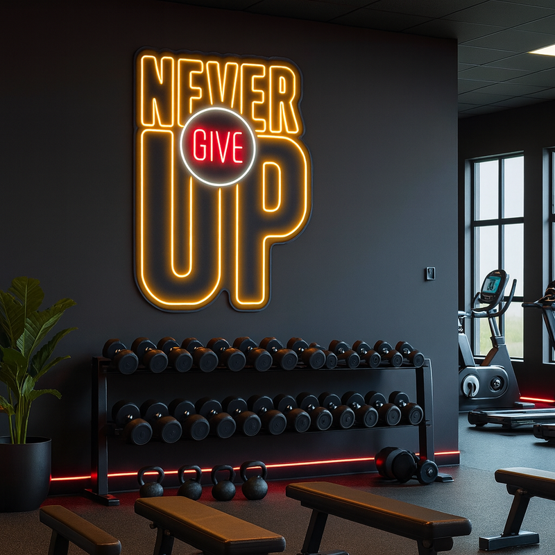 Never Give Up Neon Sign – Gym Motivational LED Wall Light Neonsignsindia