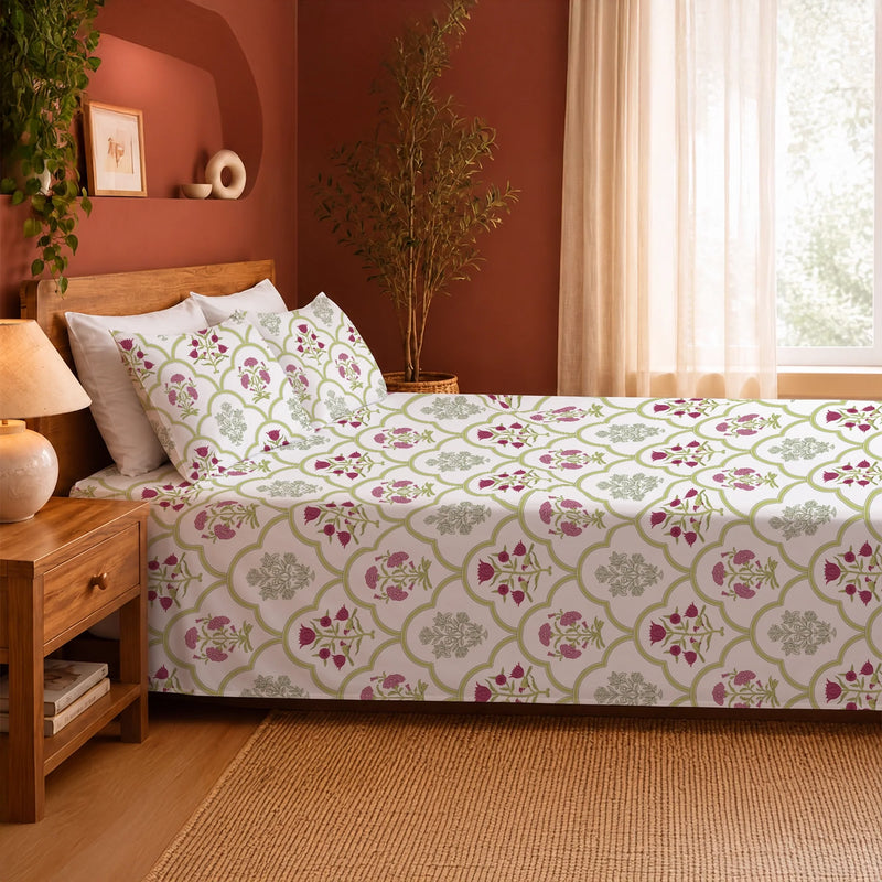 Spring Buds Pink - White Floral Bedsheet-6
