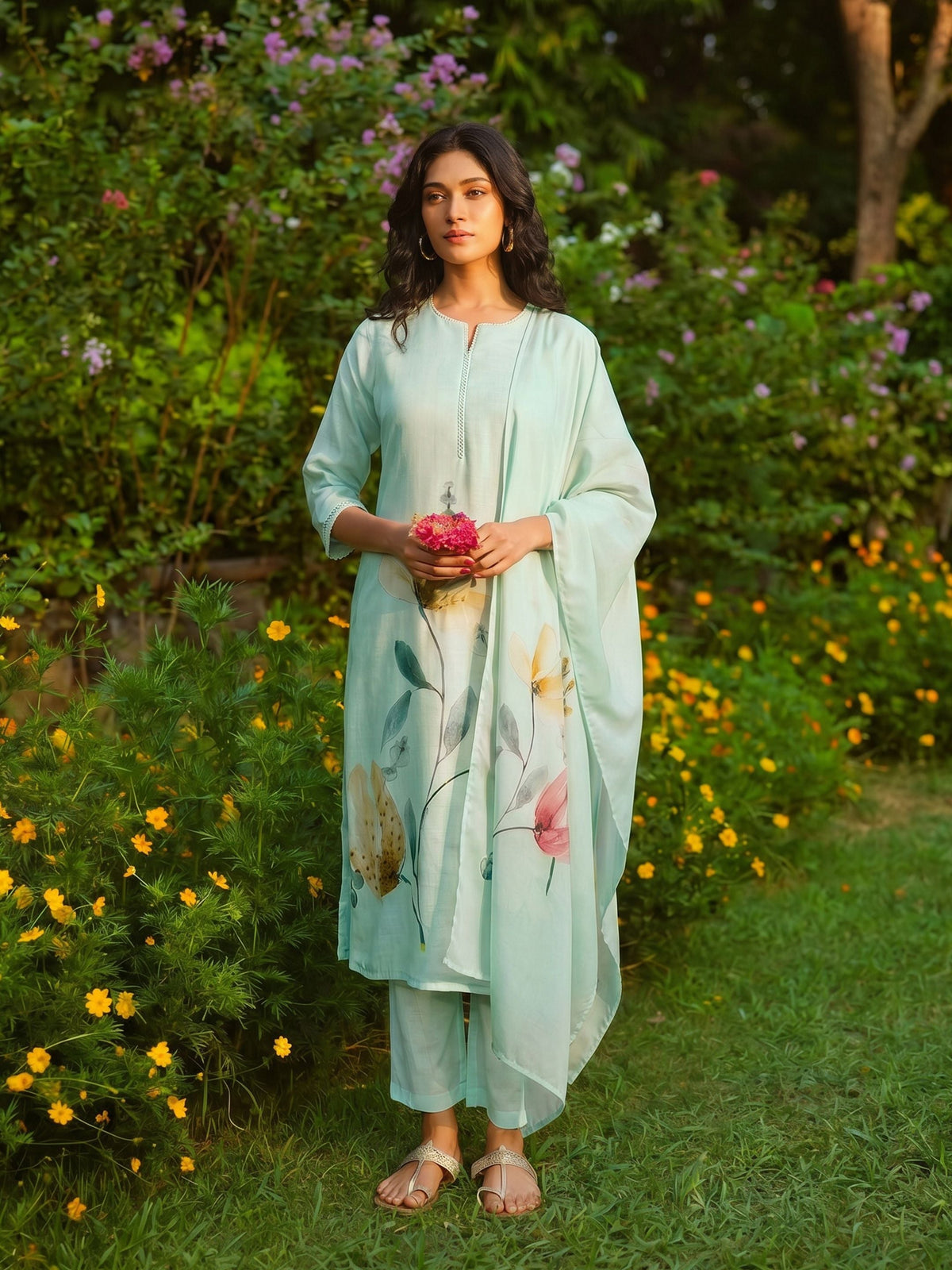 Charvi Sea Green Linen Printed Set