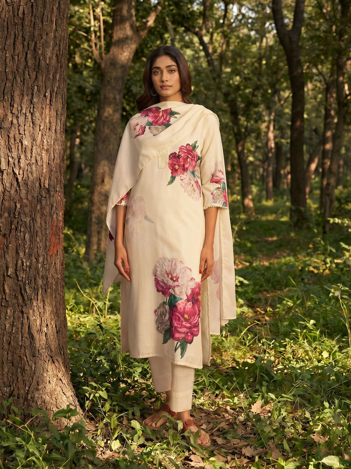 Riana White Linen Floral Printed Set