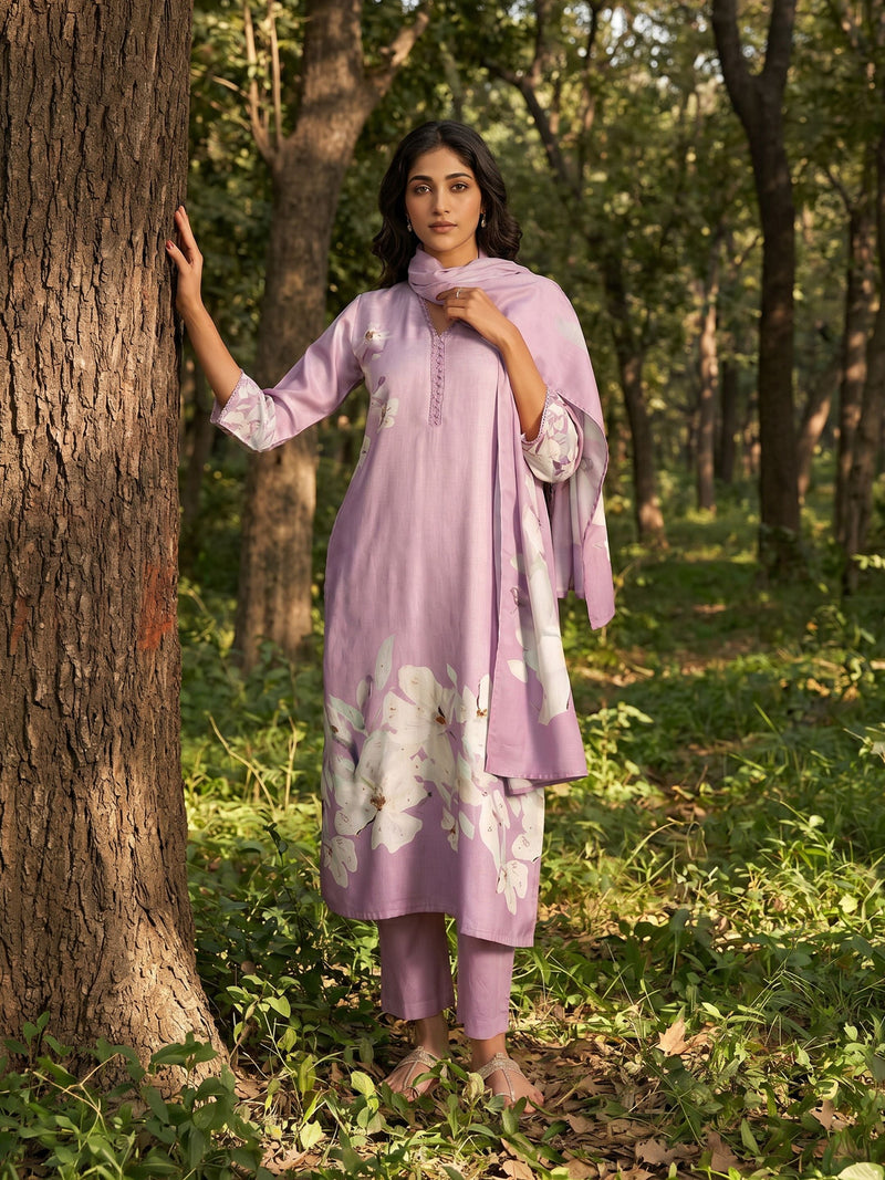 Kiara Light Purple Linen Printed Set