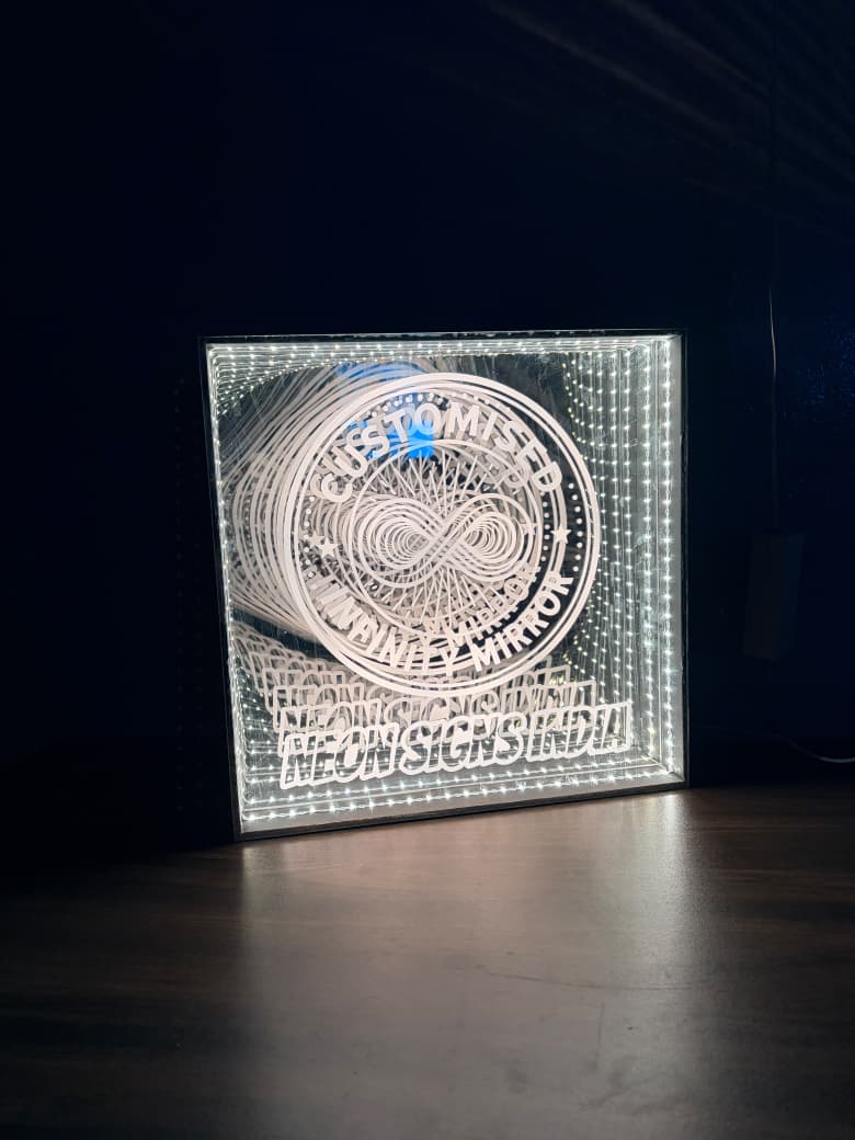 Customized Infinity Mirror lit up with logo engraving