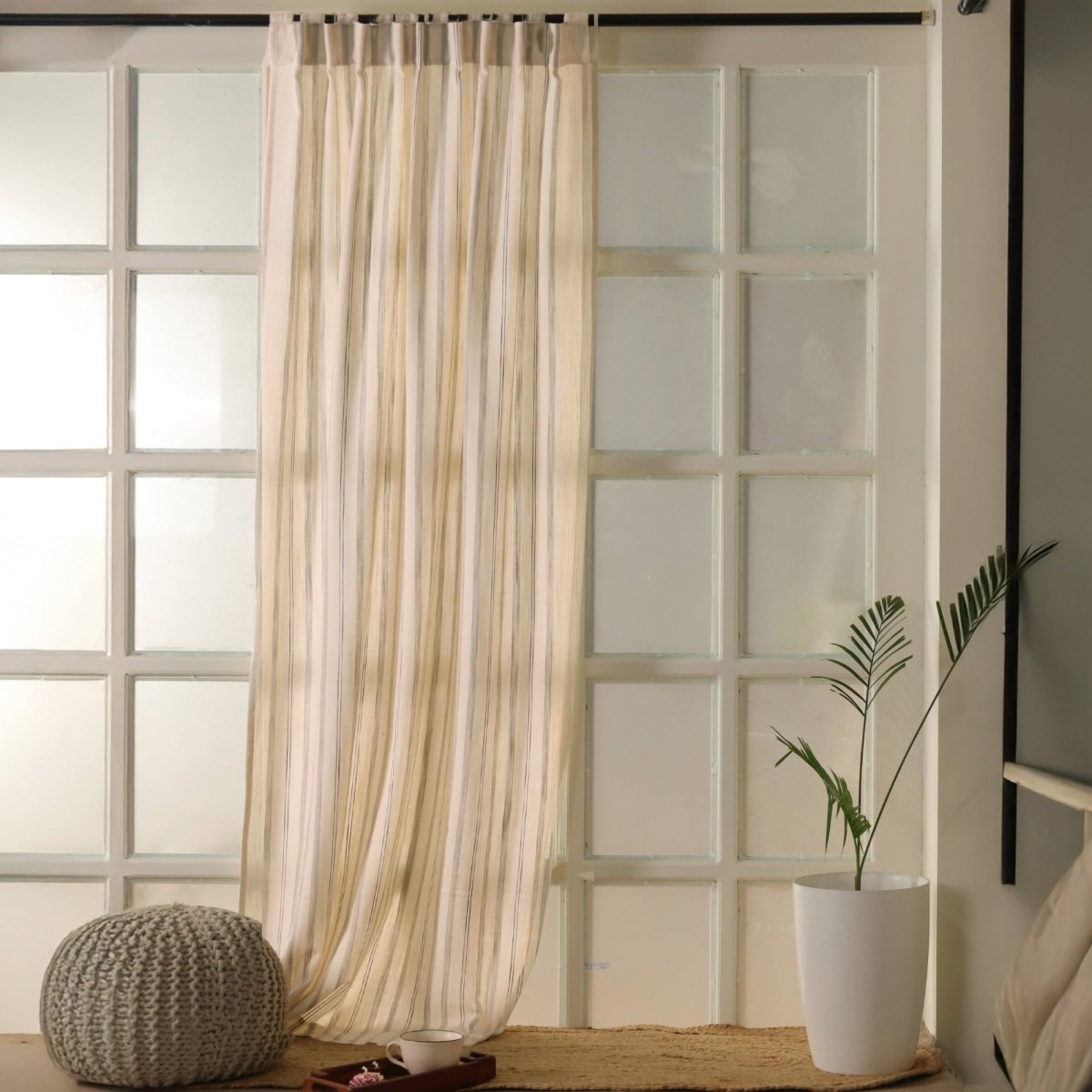 Cotton Curtain Handwoven in Off white and Charcoal colour| 7 and 9 Feet| Semi Blackout Curtain for Bedroom or Living Room