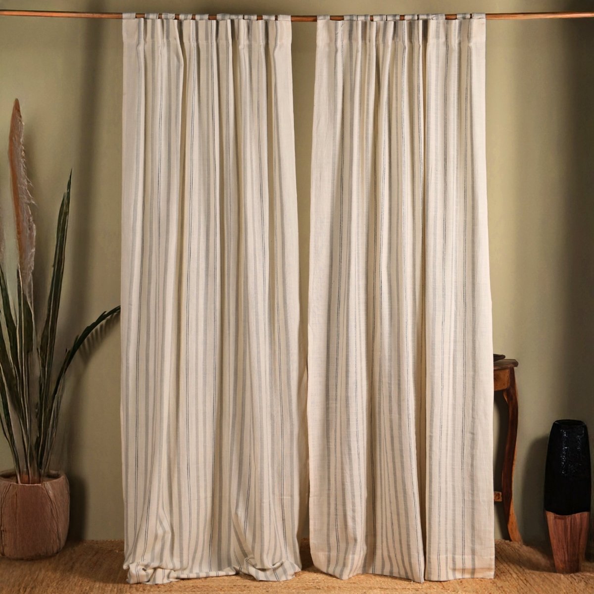 Cotton Curtain Handwoven in Off white and Charcoal colour| 7 and 9 Feet| Semi Blackout Curtain for Bedroom or Living Room