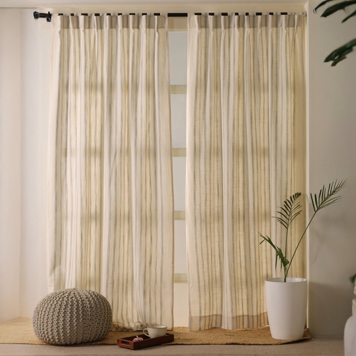 Cotton Curtain Handwoven in Off white and Charcoal colour| 7 and 9 Feet| Semi Blackout Curtain for Bedroom or Living Room