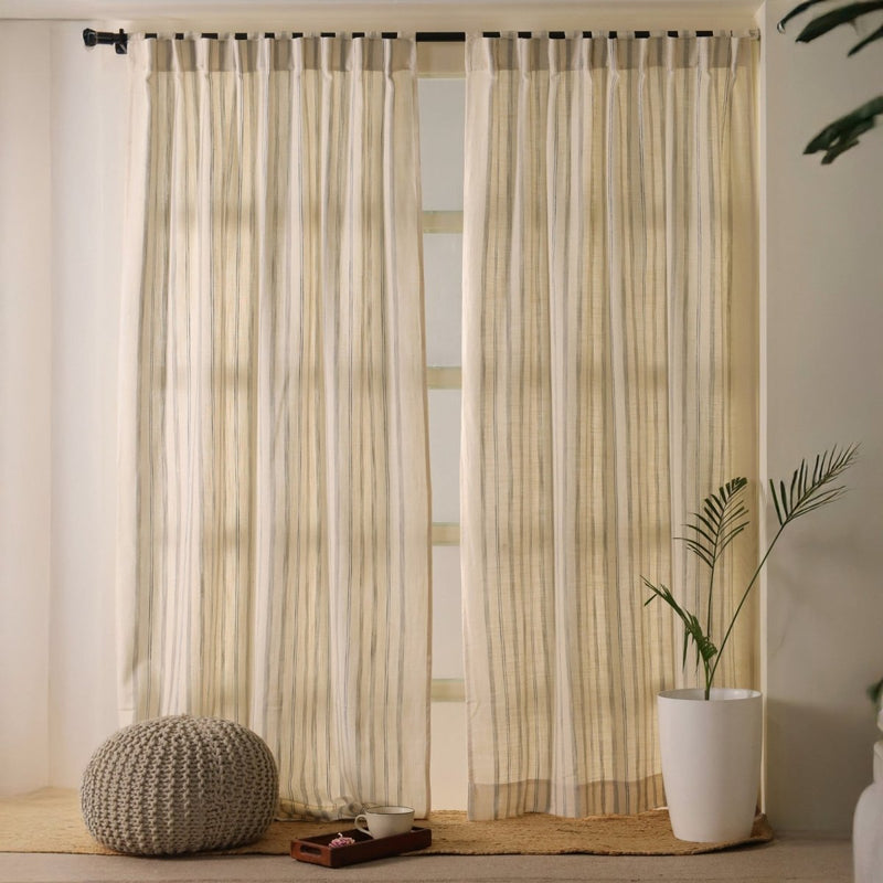 Cotton Curtain Handwoven in Off white and Charcoal colour| 7 and 9 Feet| Semi Blackout Curtain for Bedroom or Living Room