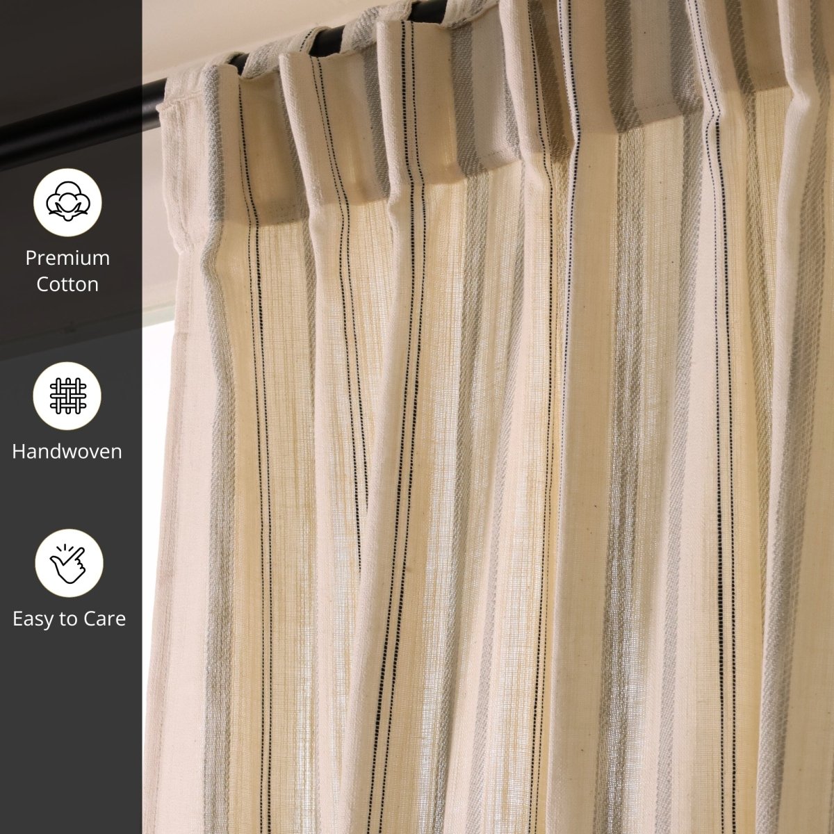 Cotton Curtain Handwoven in Off white and Charcoal colour| 7 and 9 Feet| Semi Blackout Curtain for Bedroom or Living Room
