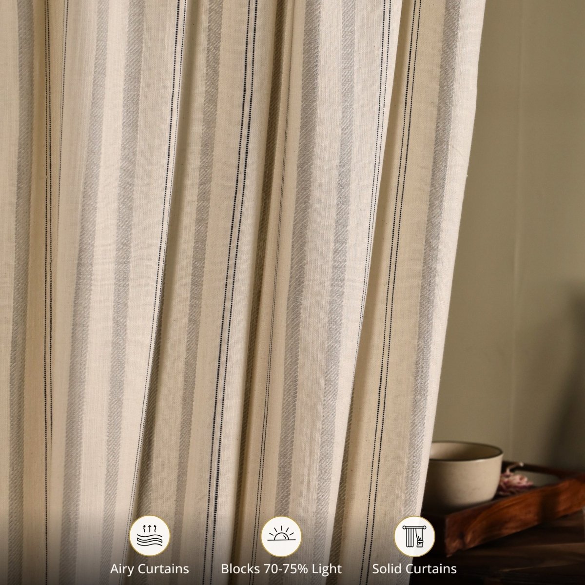 Cotton Curtain Handwoven in Off white and Charcoal colour| 7 and 9 Feet| Semi Blackout Curtain for Bedroom or Living Room