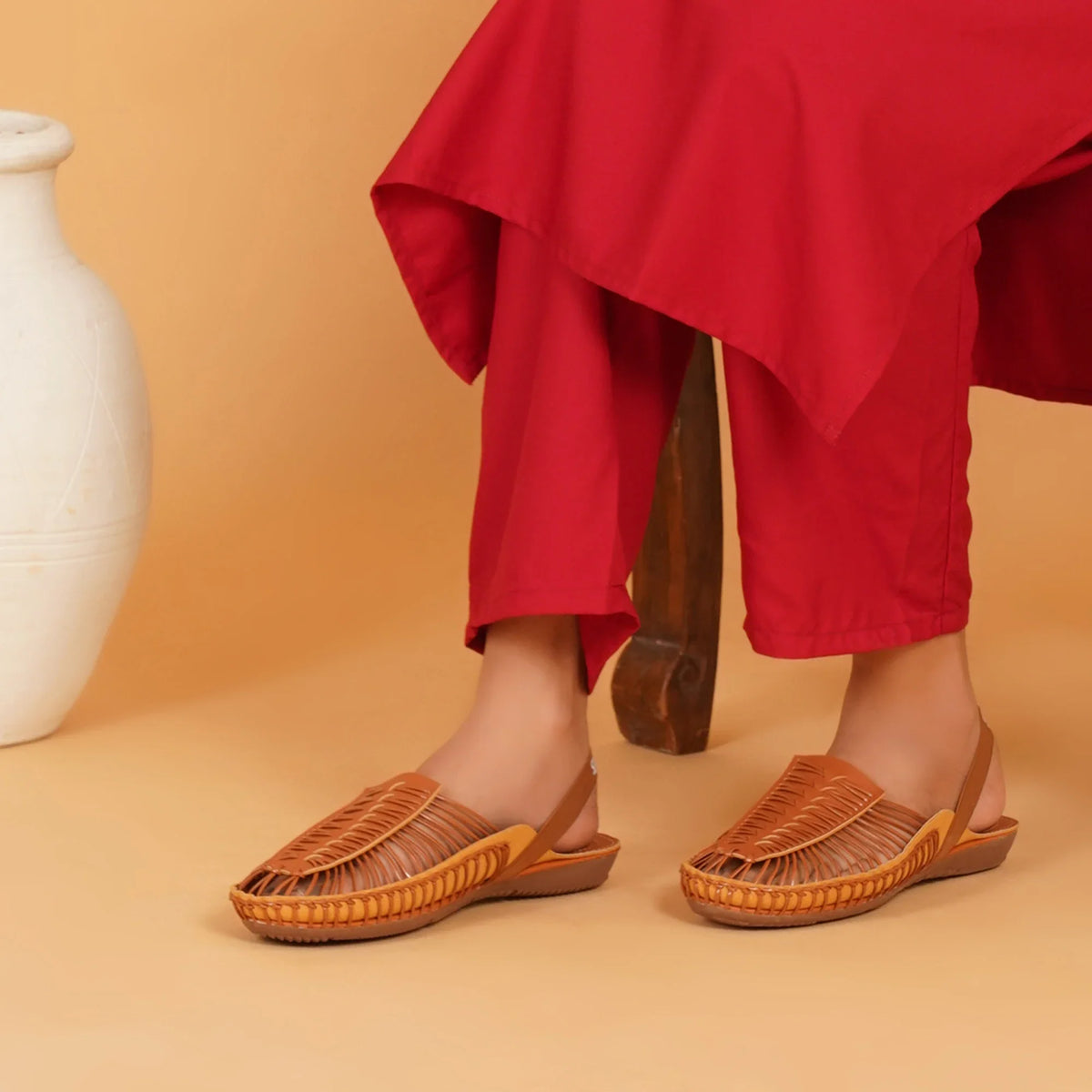 Tan Handcrafted Flat Sandal Clogs-2