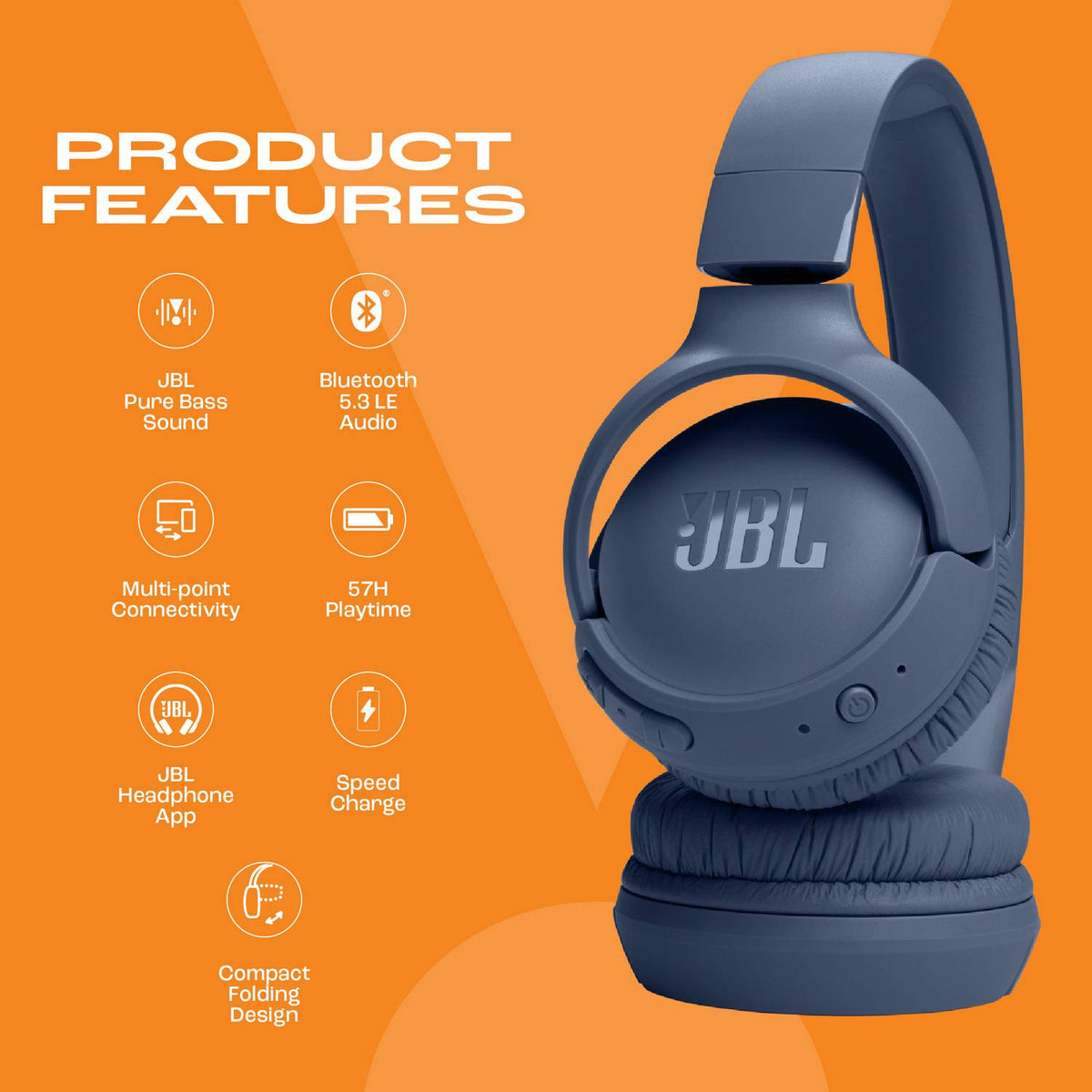JBL Tune 520 BT 57Hr Playtime, Pure Bass, Multi Connect Bluetooth Headset, BT 5.3LE Bluetooth Headset (Blue, On the Ear)